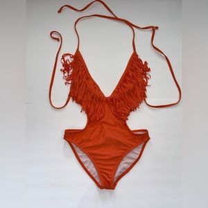 Burnt Orange 1 Piece Backless SwimSuit With Fringes